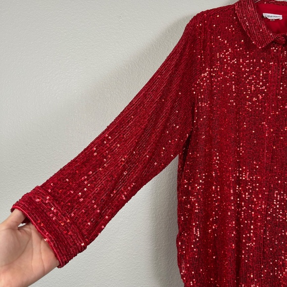 Calvin Klein women plus size 2X fully sequin top red long sleeve snap closure - Picture 5 of 14